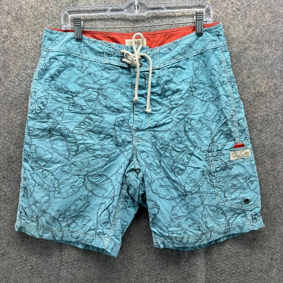 J.Crew Swim Trunks Mens 33 Blue Leaf Print Nylon Board Shorts Drawstring Lined - Picture 1 of 11